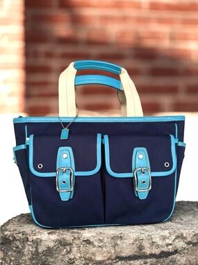 Coach Hampton Tote Shoulder Bag Blue Canvas Leather